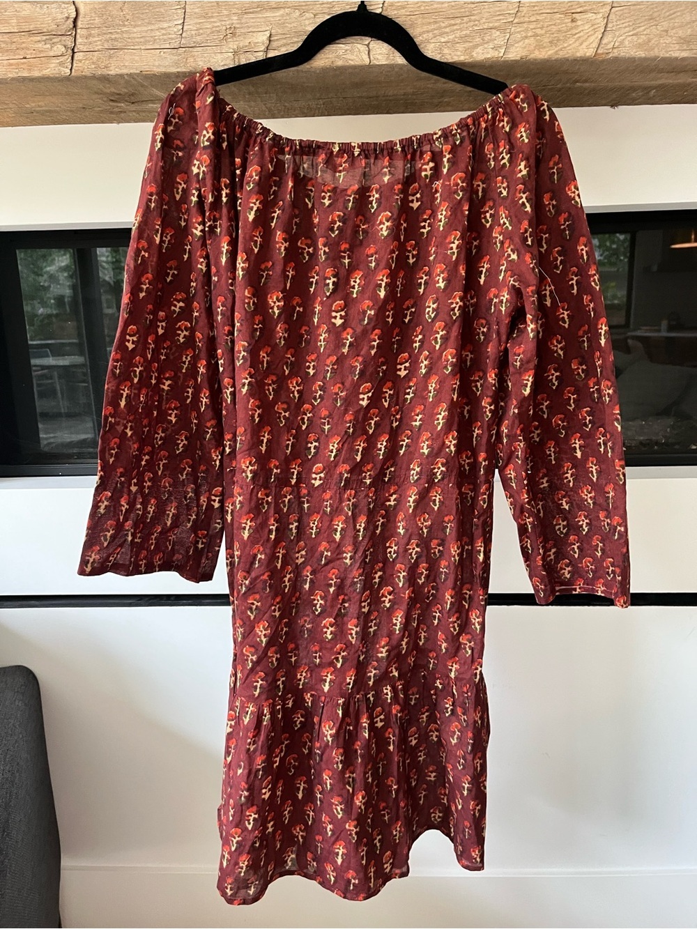 Doen RARE Rust Red Floral Long-Sleeve Off-Shoulder Dress Sz M - Picture 4 of 5